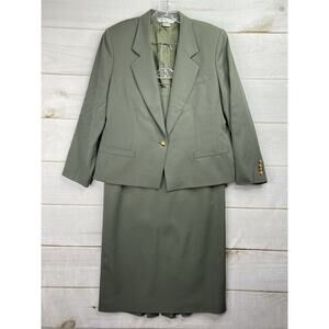 Vtg Austin Reed Worsted Wool Blazer & Skirt Womens 10 12 Green Gold Button USA